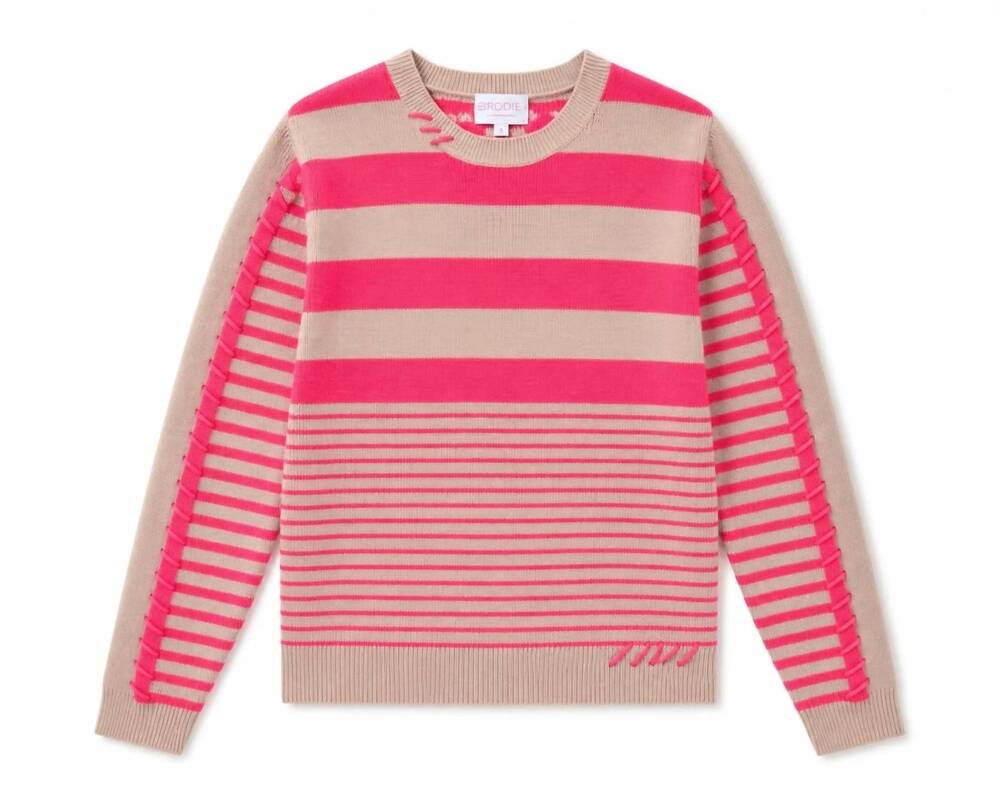 NEW BRODIE CASHMERE women's mix stripe crew sweater in soft camel